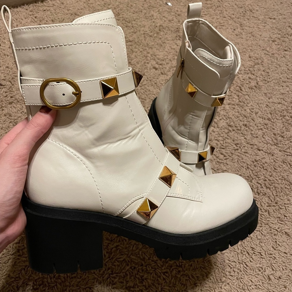 Size 10 White Ankle Boots with Gold Studs